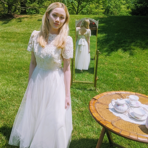 50s bridal gown lace and tulle tea length - Picture 3 of 6